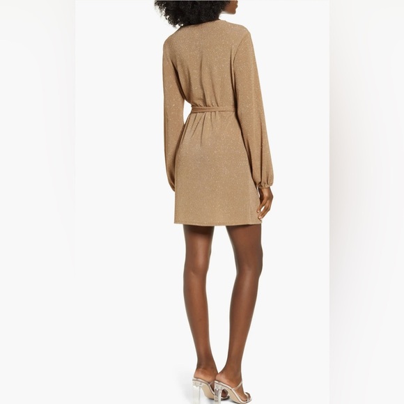 Leith Sparkle Tie Waist Long Sleeve Mini Dress in Tan - Picture 2 of 12